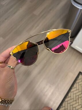 Gold Frame Mirrored Sunglasses - Pink/Orange Lenses